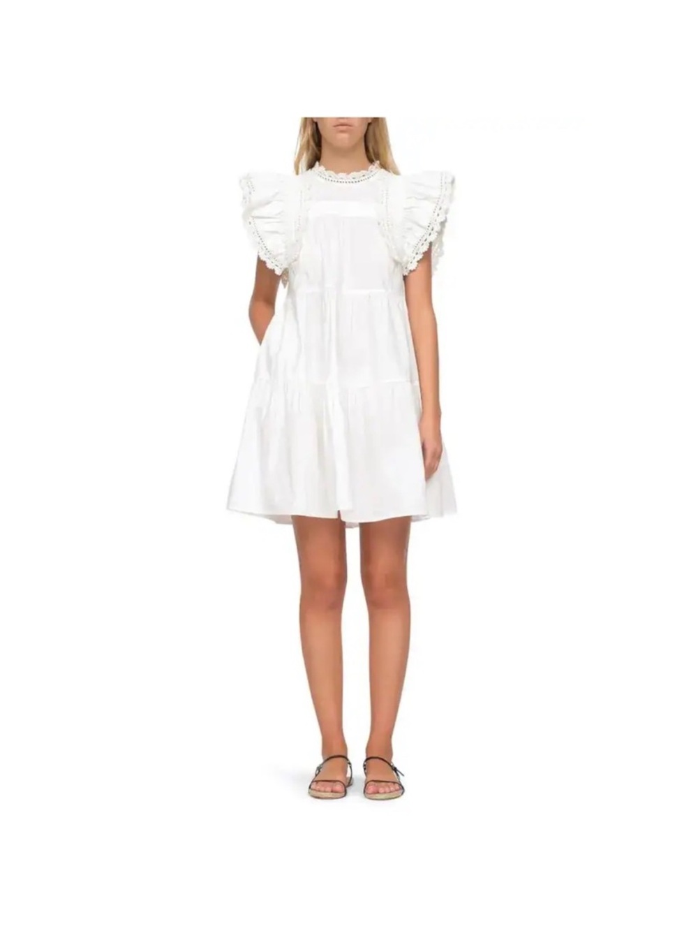 Sea New York White Eyelet Flutter-Sleeve Tiered Dress